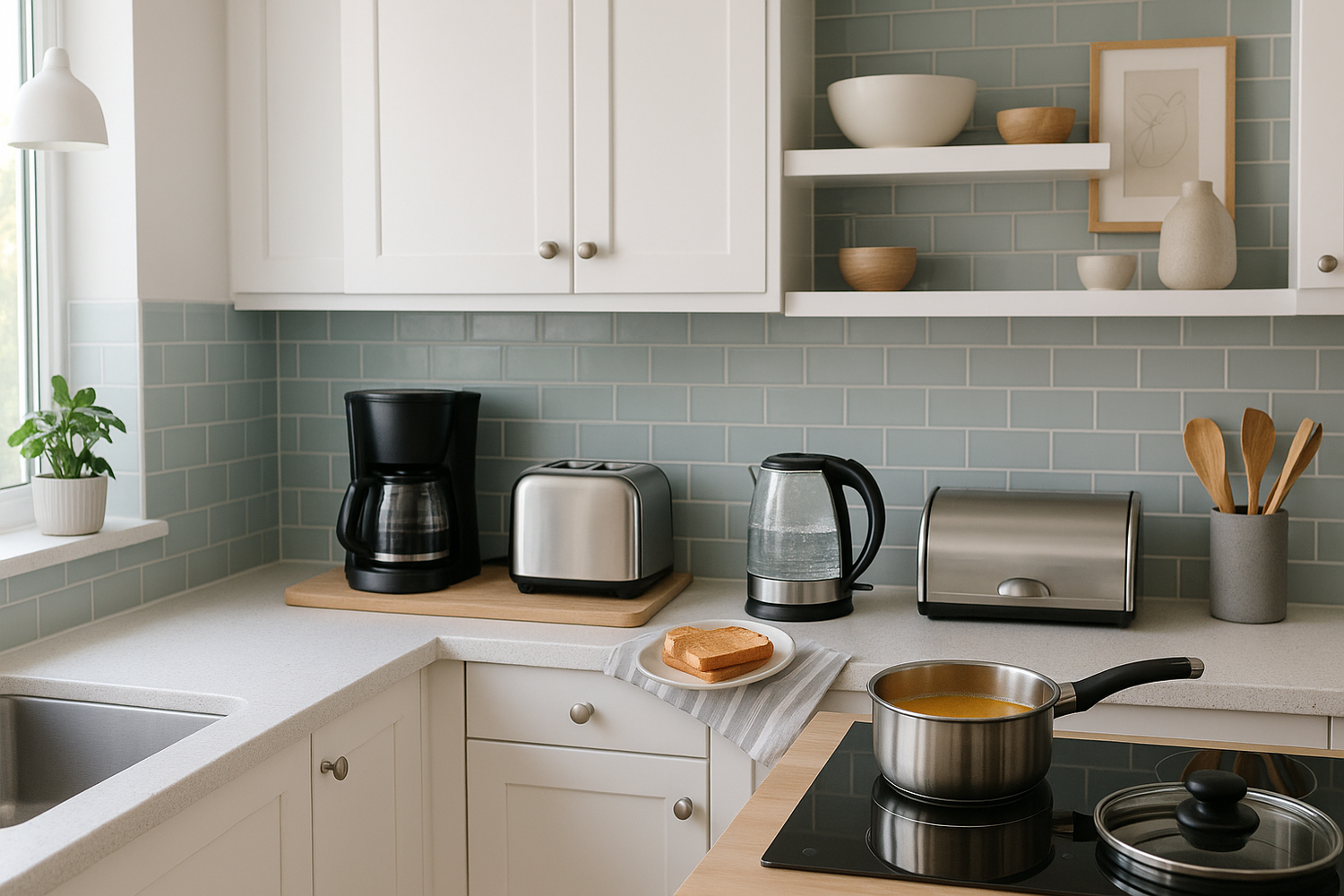 Living decorat cu canapea, tablouri moderne și lumânări decorative.