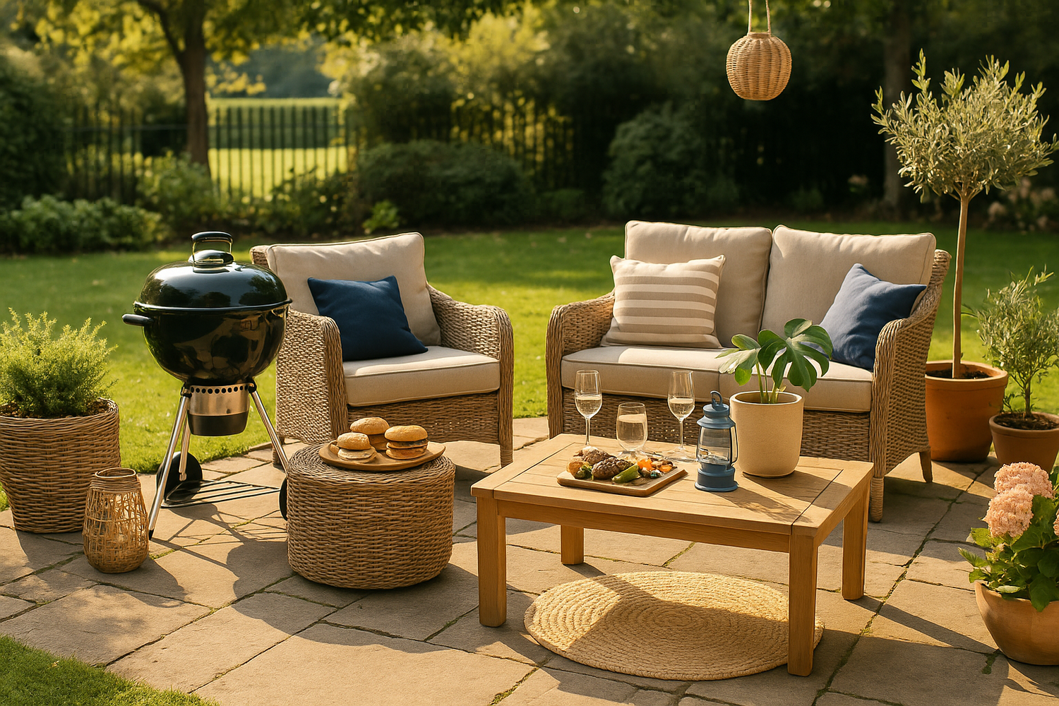 Grădină cu mobilier de terasă, ghivece cu flori și grătar.