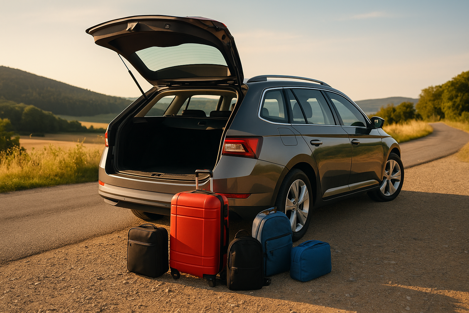 Mașină cu portbagaj deschis și valize pregătite pentru călătorie.