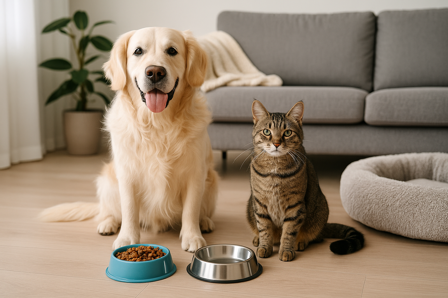 Câine și pisică lângă boluri de mâncare și accesorii pentru animale.