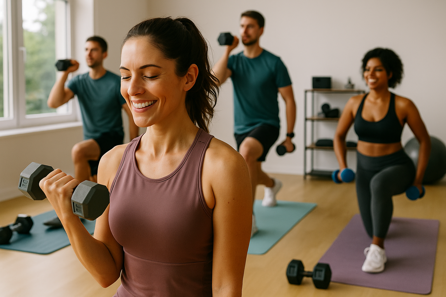 Oameni alergând, smartwatch fitness și greutăți pentru antrenament