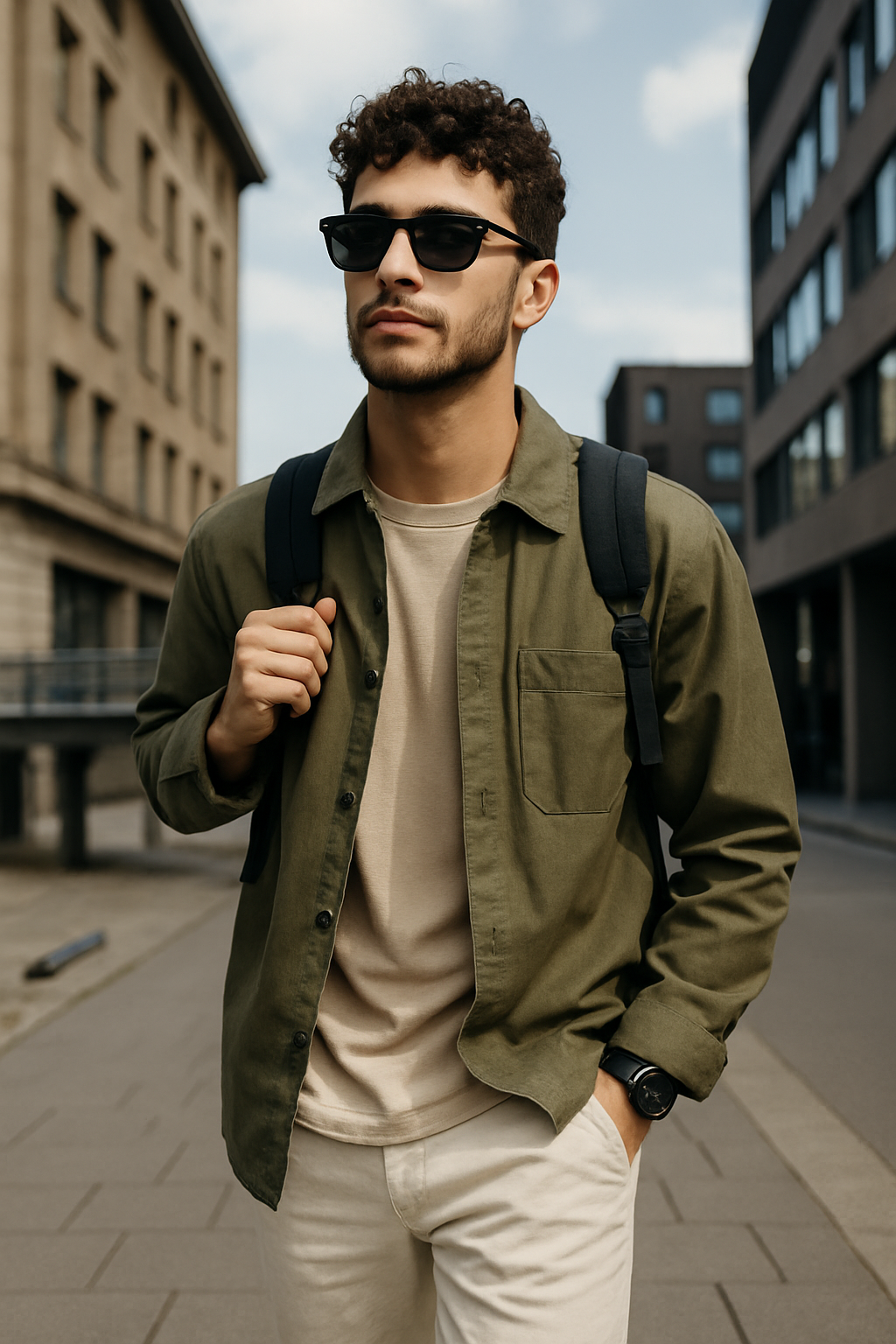 Tânăr cu outfit casual și adidași moderni într-un decor urban