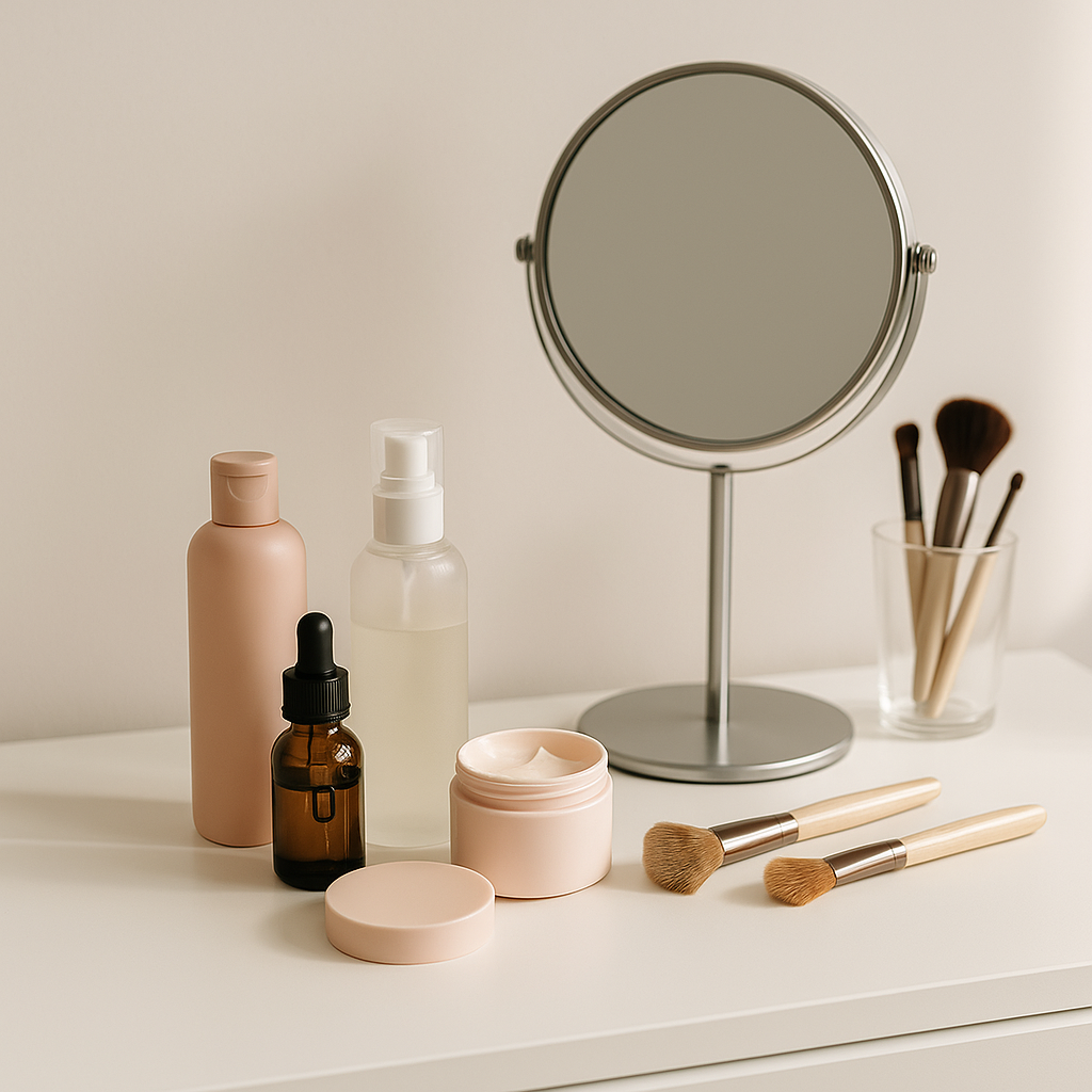 Cosmetice și produse de skincare – creme, parfum și rujuri pe o masă albă.